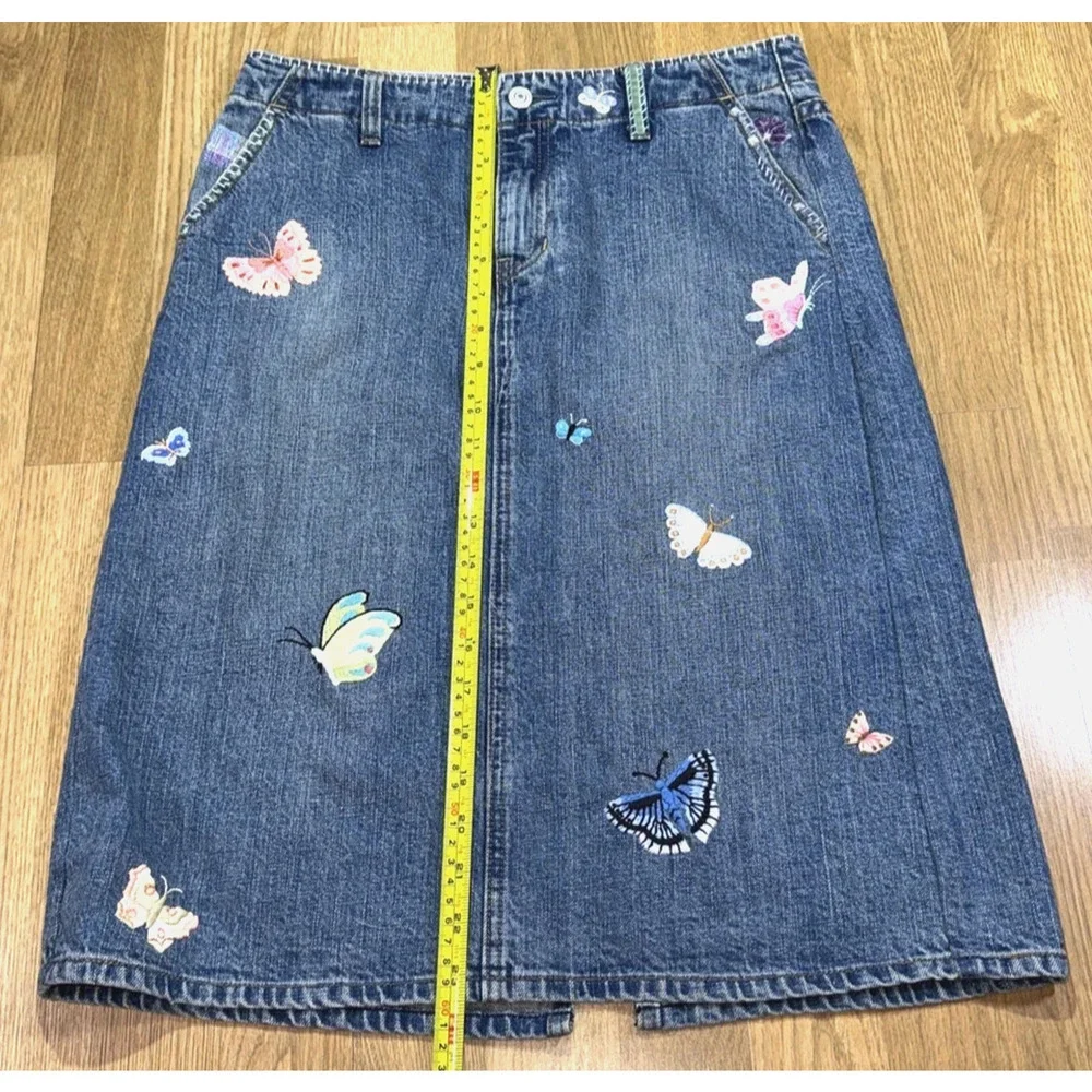 Y2k Gap Jean Skirt 6 Midi Embroidered Butterflies Patches Boho Festival Whimsy - Picture 10 of 16